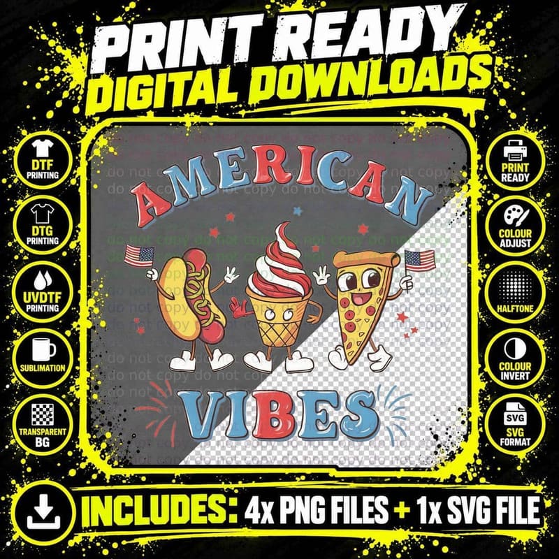 American Vibes Patriotic T-Shirt, Patriotic Food Png SVG Digital Bundle
