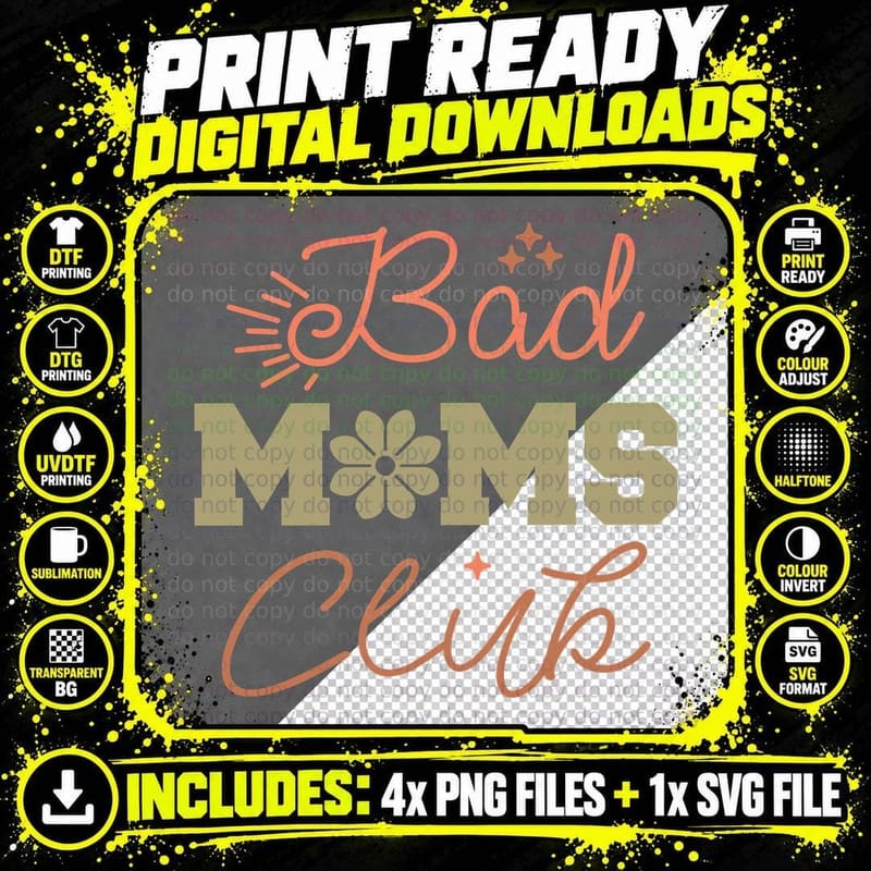 Bad Moms Club Mothers Day T-Shirt, Gray Background with Png SVG Digital Bundle