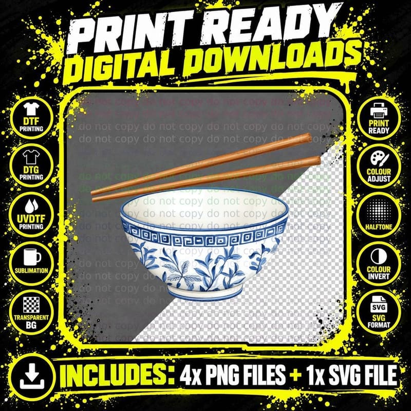 Blue and White Bowl with Chopsticks Lunar New Year Png SVG Digital Bundle