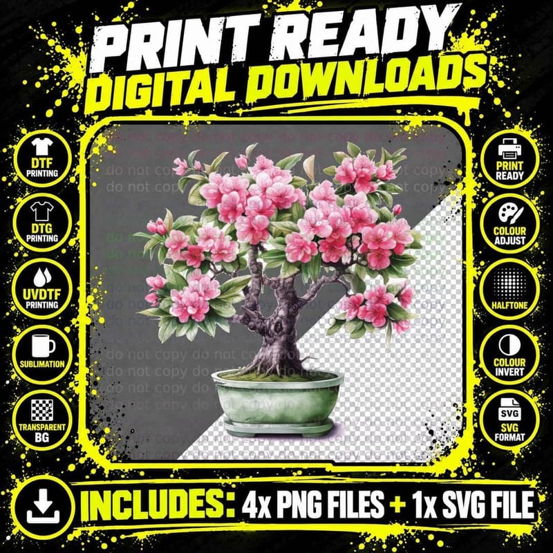 Bonsai Tree with Pink Blossoms Spring T-Shirt Png SVG Digital Bundle
