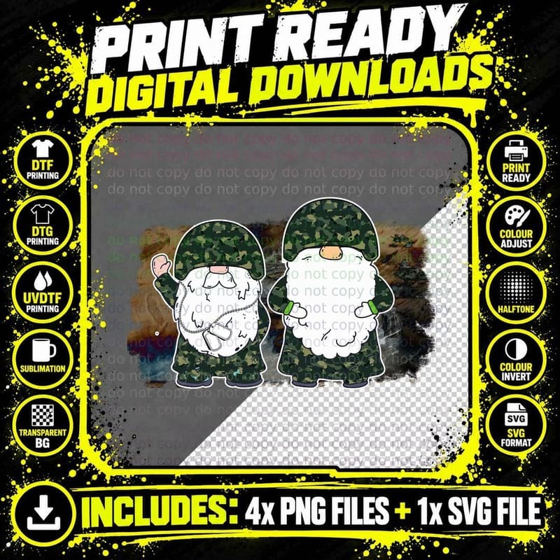 Camo Gnomes Waving Patriotic T-Shirt Png SVG Digital Bundle