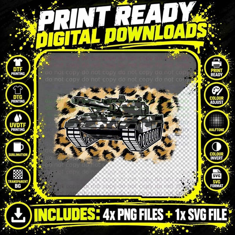 Camouflage Tank on Leopard Print Patriotic T-Shirt Png SVG Digital Bundle
