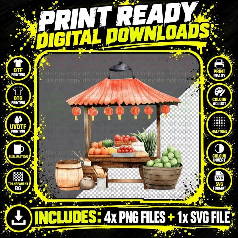 Chinese Market Stand with Fruits and Vegetables Lunar Png SVG Digital Bundle