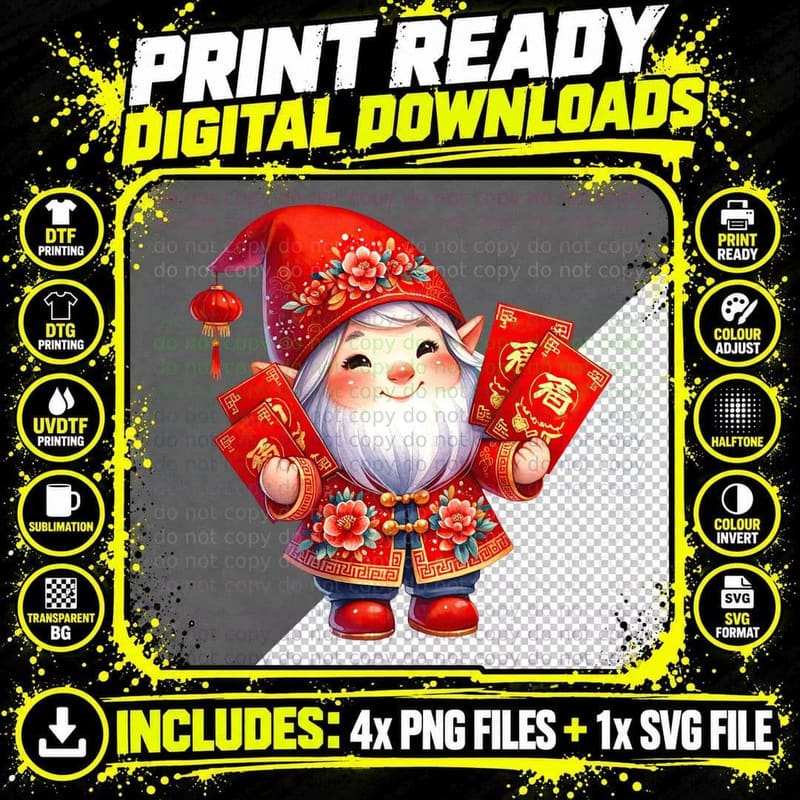 Chinese New Year Character with Red Envelopes Lunar New Png SVG Digital Bundle