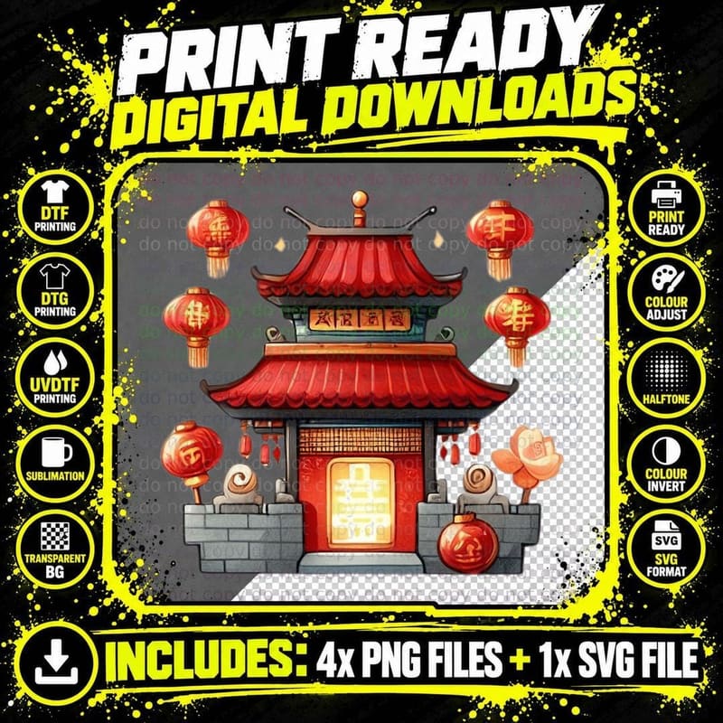 Chinese Temple Lanterns Lunar New Year T-Shirt Png SVG Digital Bundle