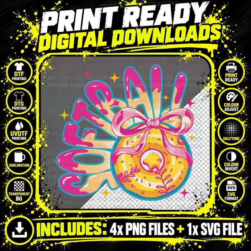 Colorful Hand Holding Donut with Bow Softball T-Shirt Png SVG Digital Bundle
