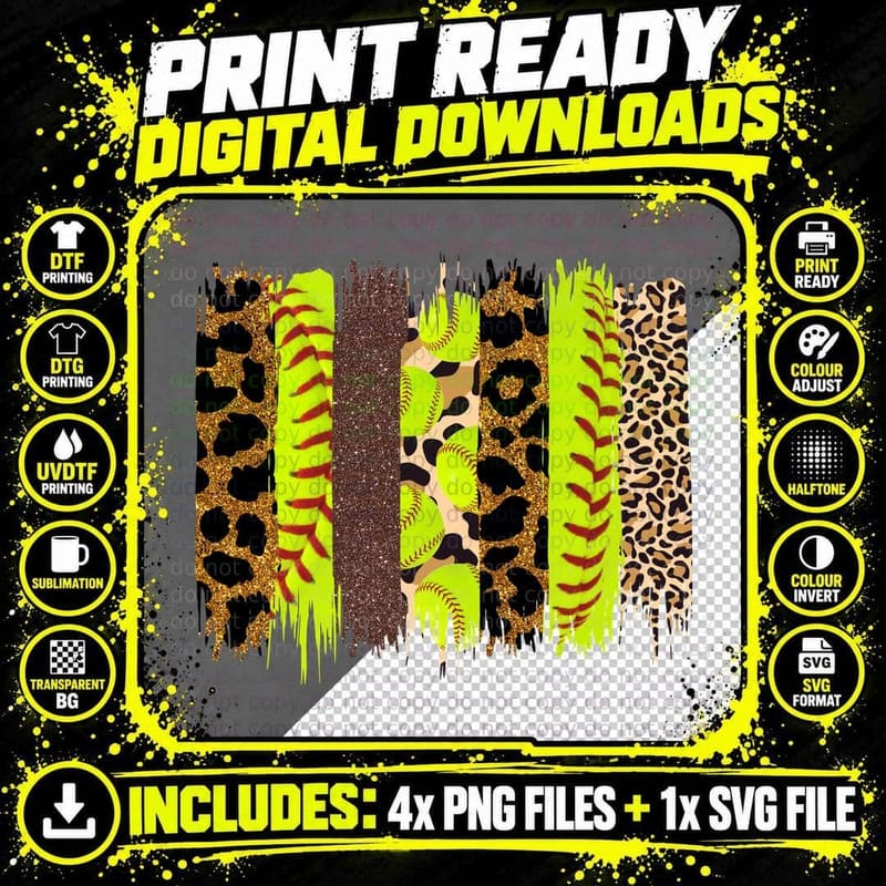 Glittery Softball Stripes with Leopard Print Softball Png SVG Digital Bundle