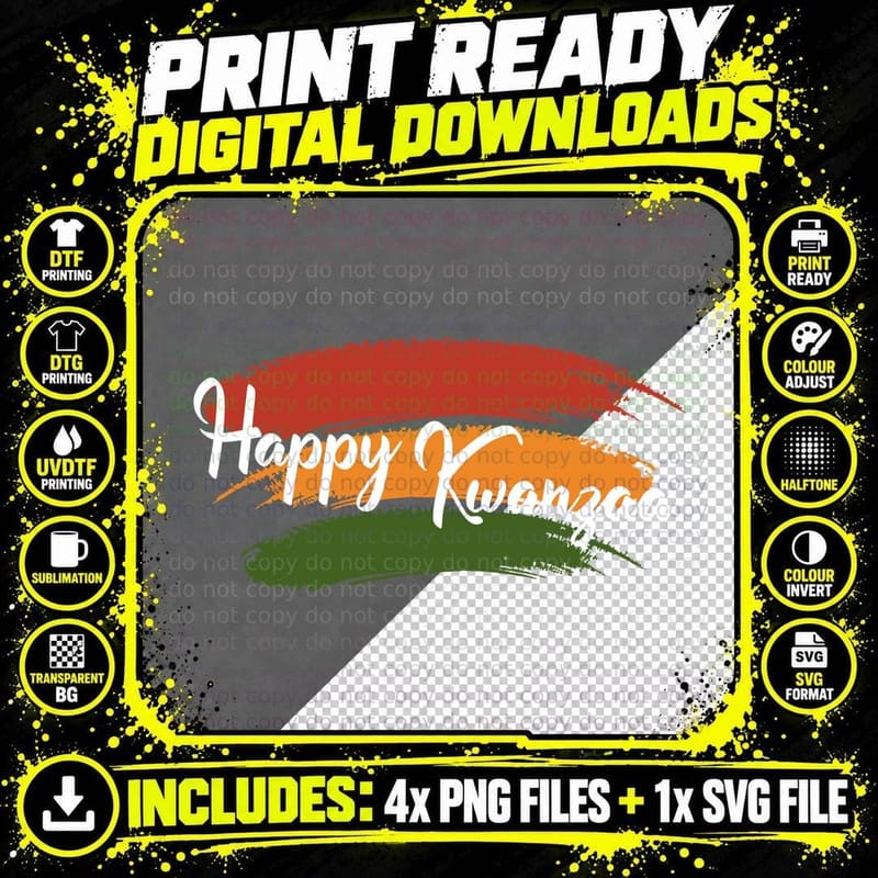 Happy Kwanzaa T-Shirt, Brushstroke Colors on Gray Png SVG Digital Bundle