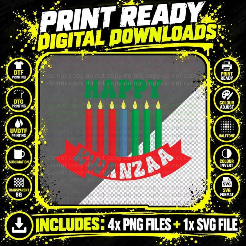 Happy Kwanzaa T-Shirt, Kwanzaa Candles with Red Banner Png SVG Digital Bundle
