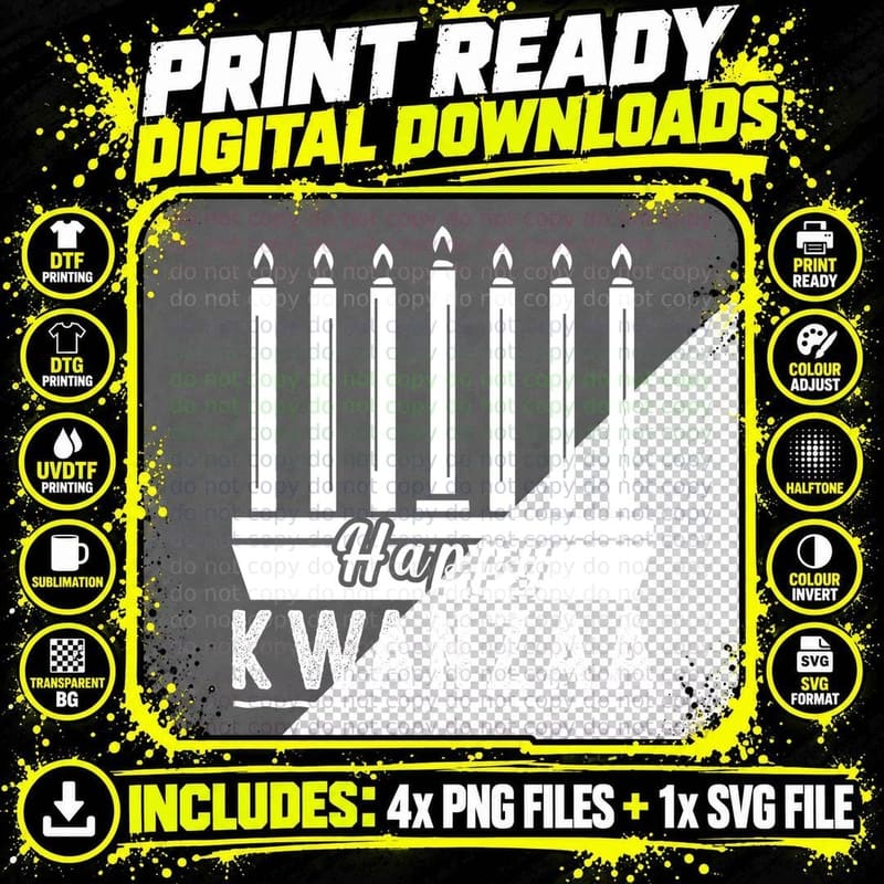 Happy Kwanzaa T-Shirt, Seven Candles on a Kinara Graphic Png SVG Digital Bundle