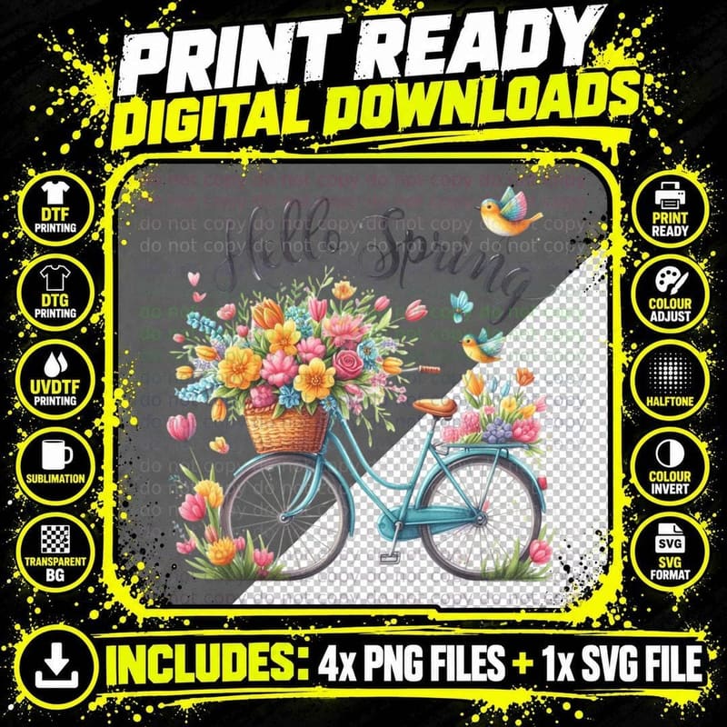 Hello Spring T-Shirt, Spring Bicycle Bouquet Scene Png SVG Digital Bundle