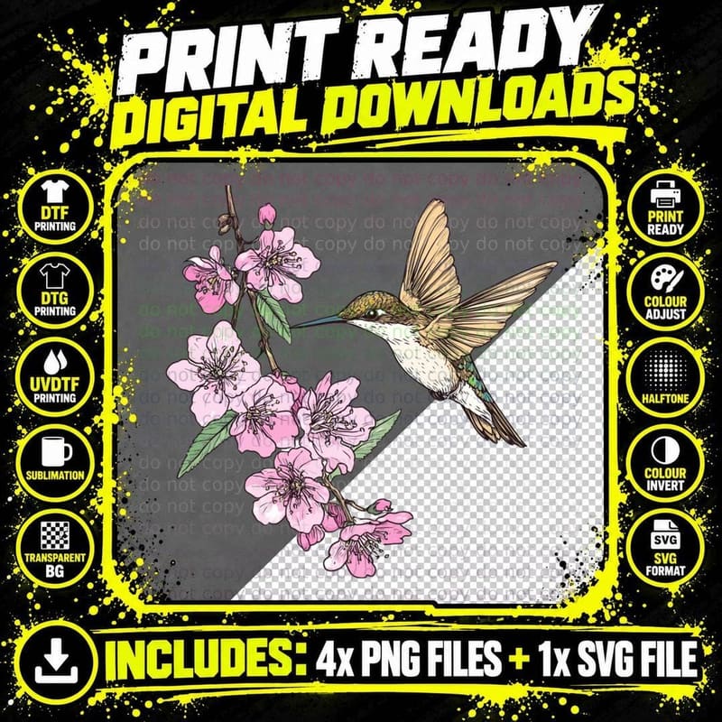 Hummingbird with Pink Blossoms Mothers Day T-Shirt Png SVG Digital Bundle