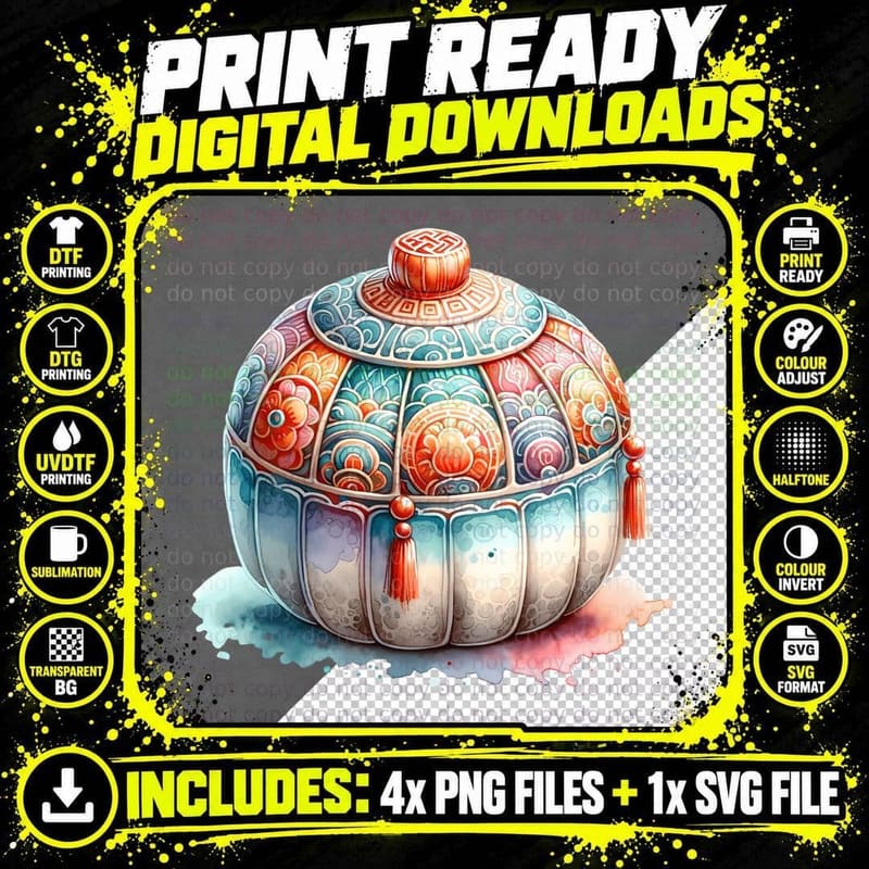 Intricate Chinese-Inspired Ceramic Pot Lunar New Year Png SVG Digital Bundle