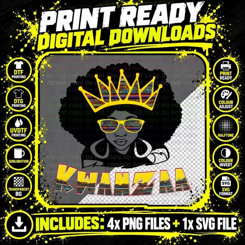 Kwanzaa T-Shirt, Afro Queen Crown Sunglasses Graphic Tee Png SVG Digital Bundle