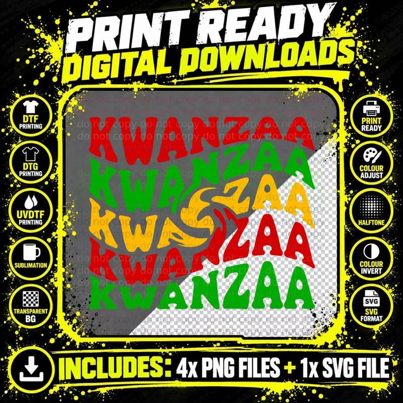 Kwanzaa T-Shirt, Stacked Kwanzaa Text Design Graphic Tee Png SVG Digital Bundle