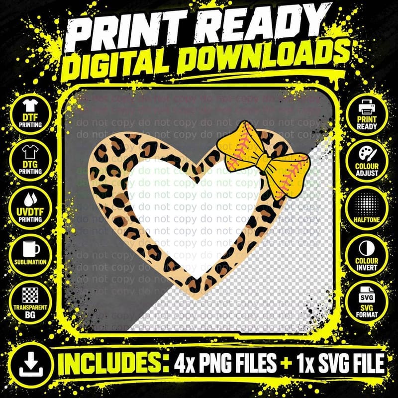 Leopard Heart Softball Bow Softball T-Shirt Png SVG Digital Bundle