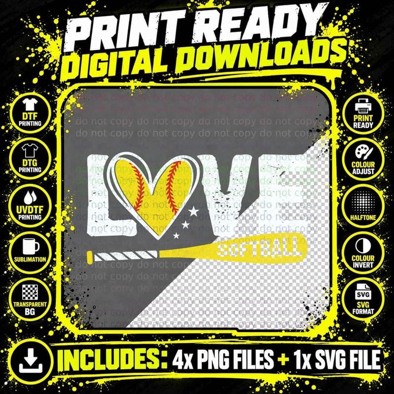 Love Softball T-Shirt, Softball Heart with Bat Graphic Png SVG Digital Bundle
