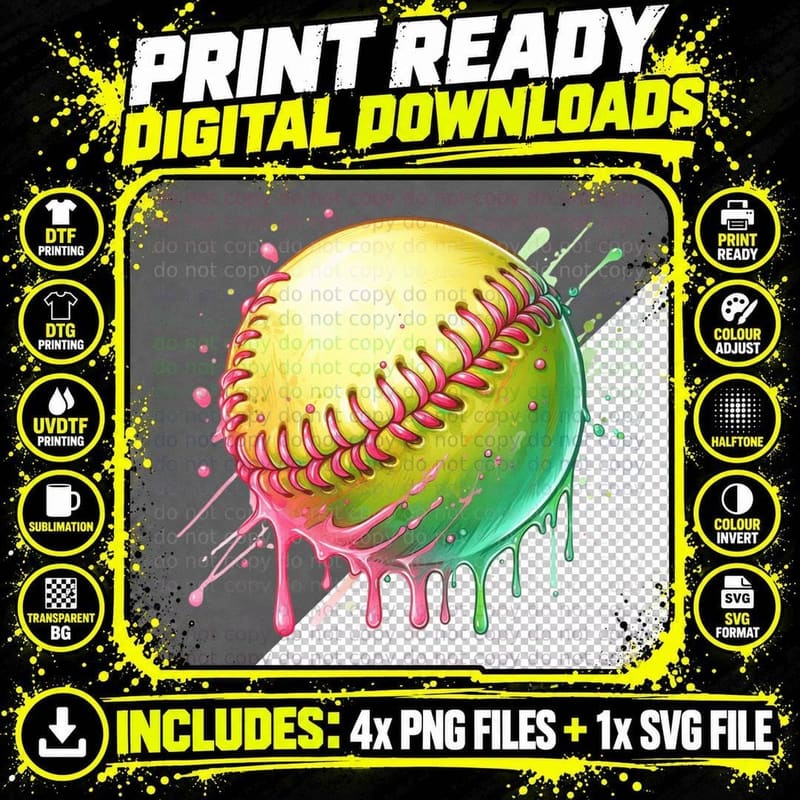 Melting Softball with Colorful Paint Splashes Softball Png SVG Digital Bundle