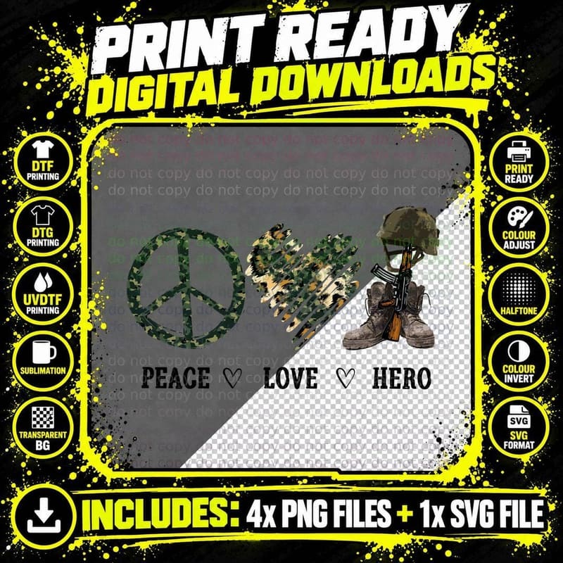 Peace Love Hero Patriotic T-Shirt, Camo Peace Sign with Png SVG Digital Bundle