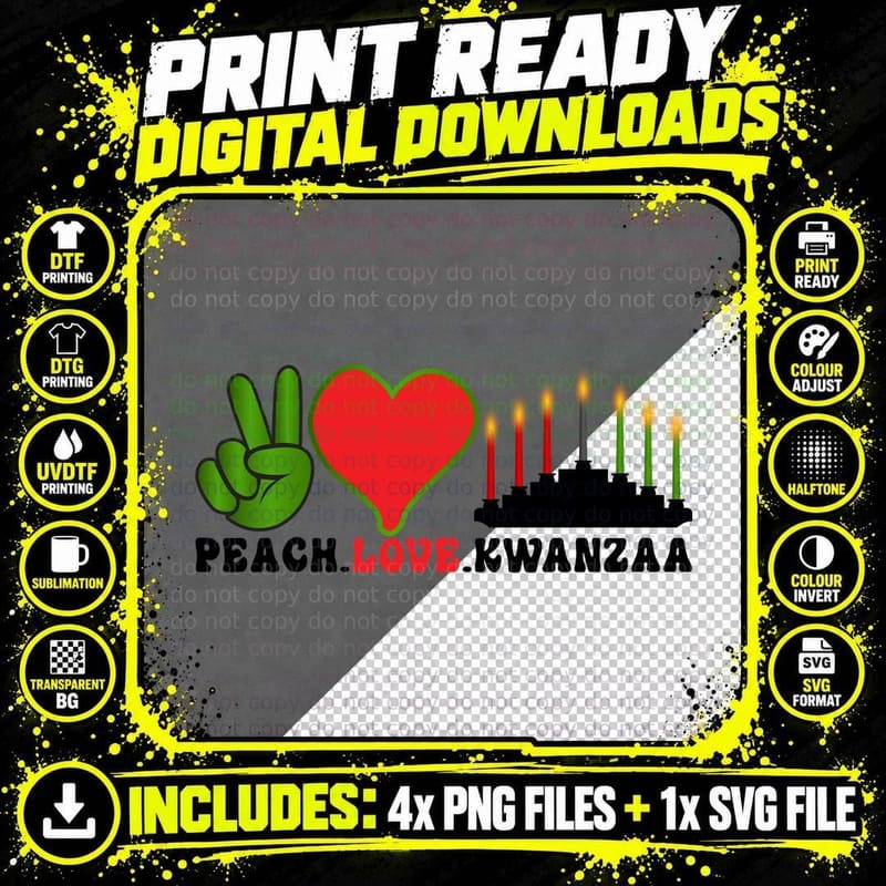 Peach.love.kwanzaa T-Shirt, Peace Symbol Heart Candles Png SVG Digital Bundle