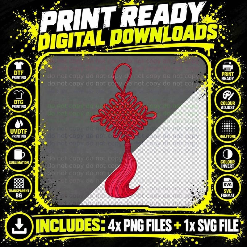 Red Chinese Knot Ornament Lunar New Year T-Shirt Png SVG Digital Bundle