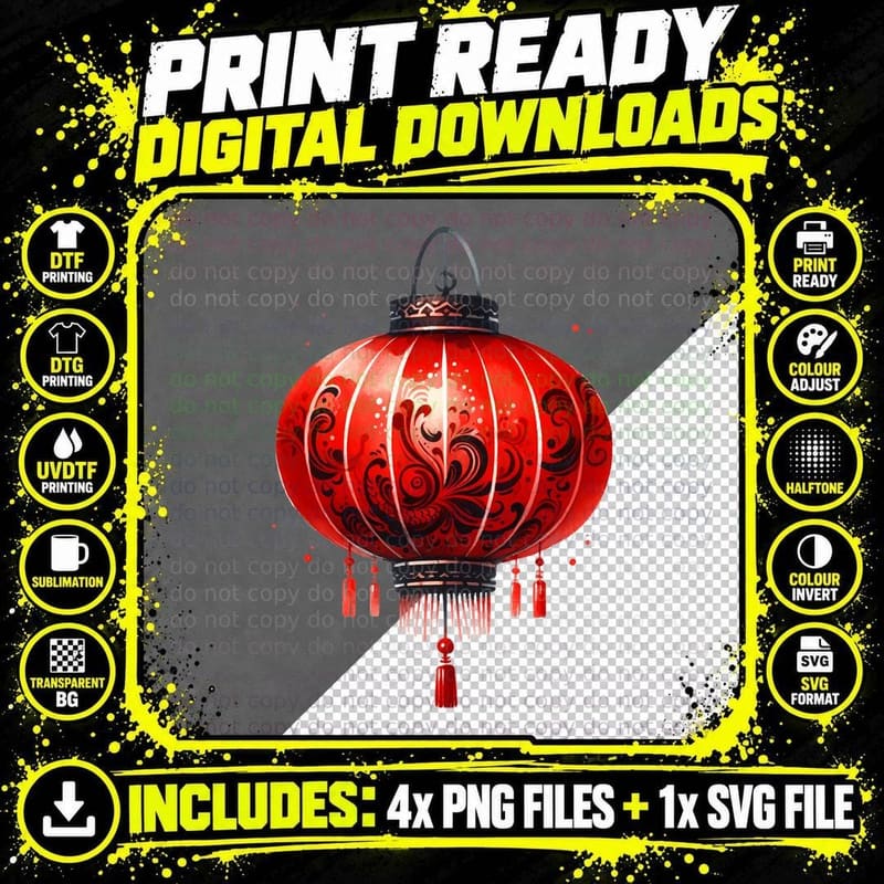 Red Chinese Lantern with Intricate Black Patterns Lunar Png SVG Digital Bundle