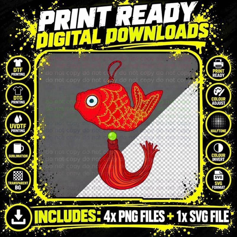 Red Fish Ornament with Green Bead Lunar New Year T-Shirt Png SVG Digital Bundle