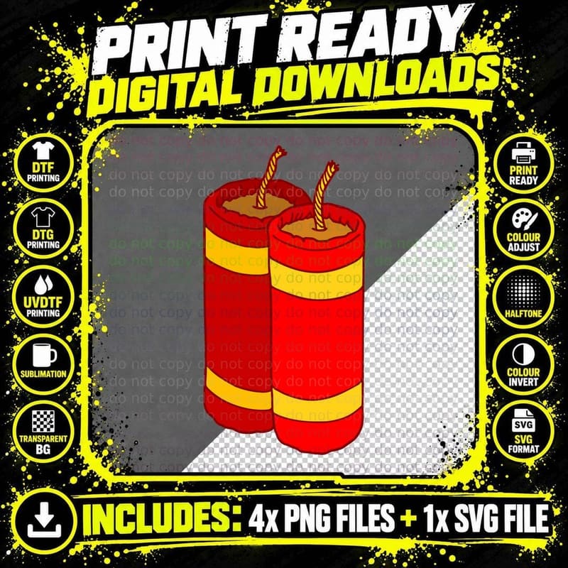 Red and Yellow Cylindrical Fireworks Lunar New Year Png SVG Digital Bundle
