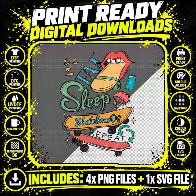 Sleep Skateboards Repeat Positive Quotes T-Shirt Png SVG Digital Bundle