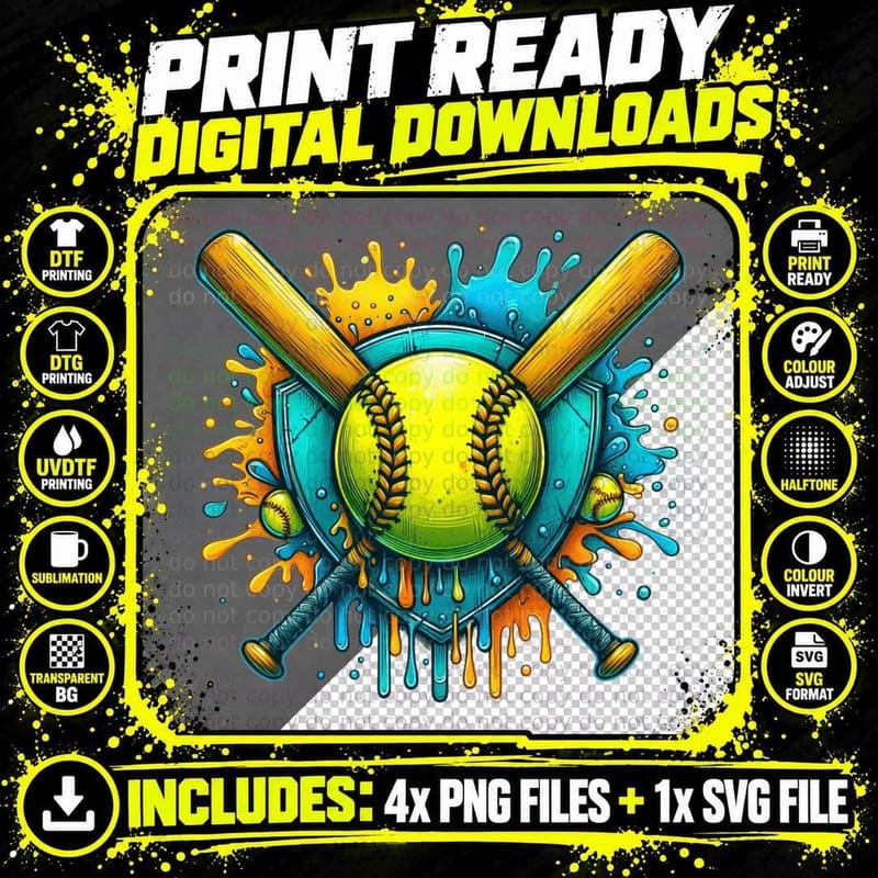 Softball Bats Ball Splashes Softball T-Shirt Png SVG Digital Bundle