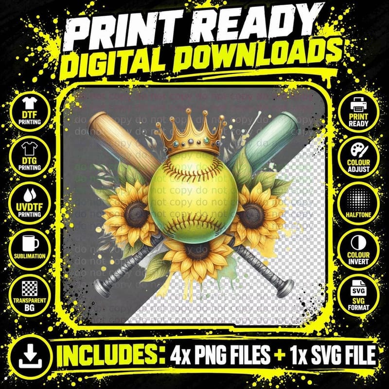 Softball Crown with Bats and Sunflowers Softball T-Shirt Png SVG Digital Bundle