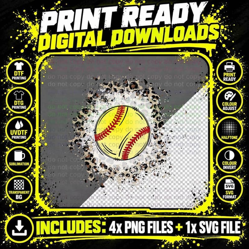 Softball in Leopard Print Burst Softball T-Shirt Png SVG Digital Bundle