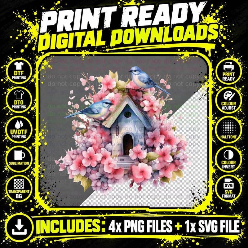 Spring Birdhouse with Blossoms Spring T-Shirt Png SVG Digital Bundle