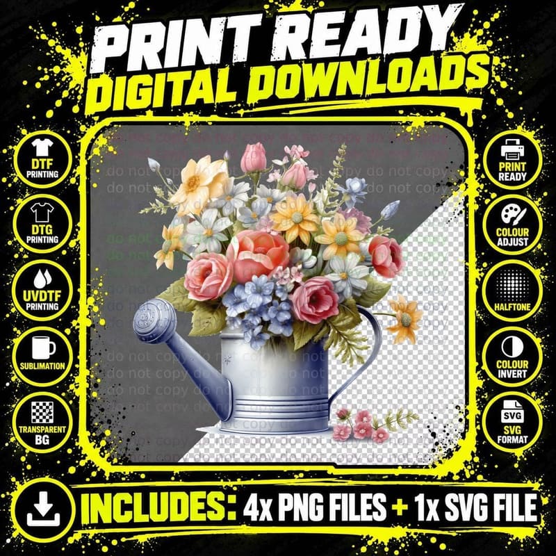 Spring Bouquet in Watering Can Spring T-Shirt Png SVG Digital Bundle