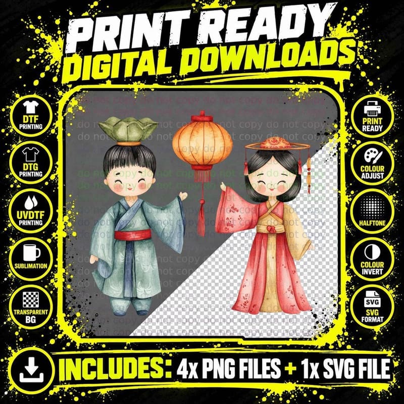 Traditional Chinese Figures with Lantern Lunar New Year Png SVG Digital Bundle