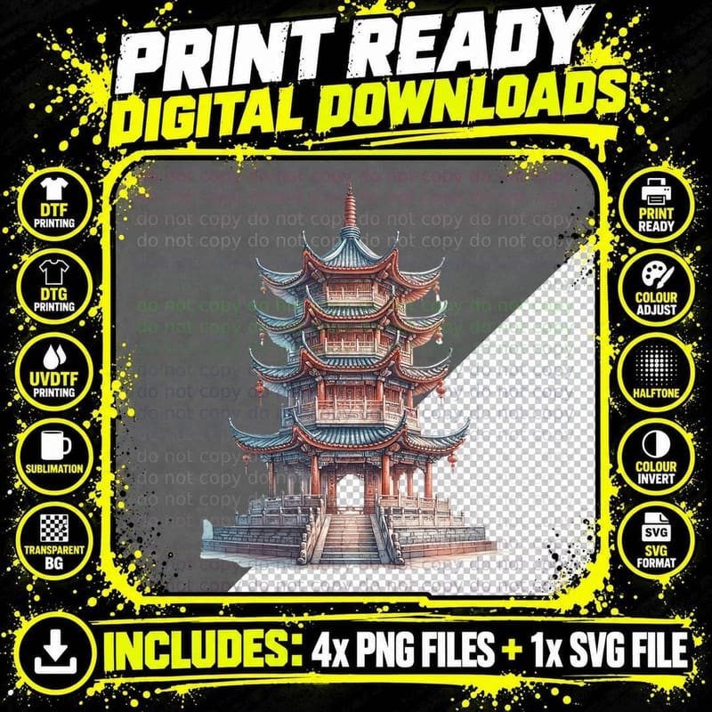 Traditional Chinese Pagoda Lunar New Year T-Shirt Png SVG Digital Bundle