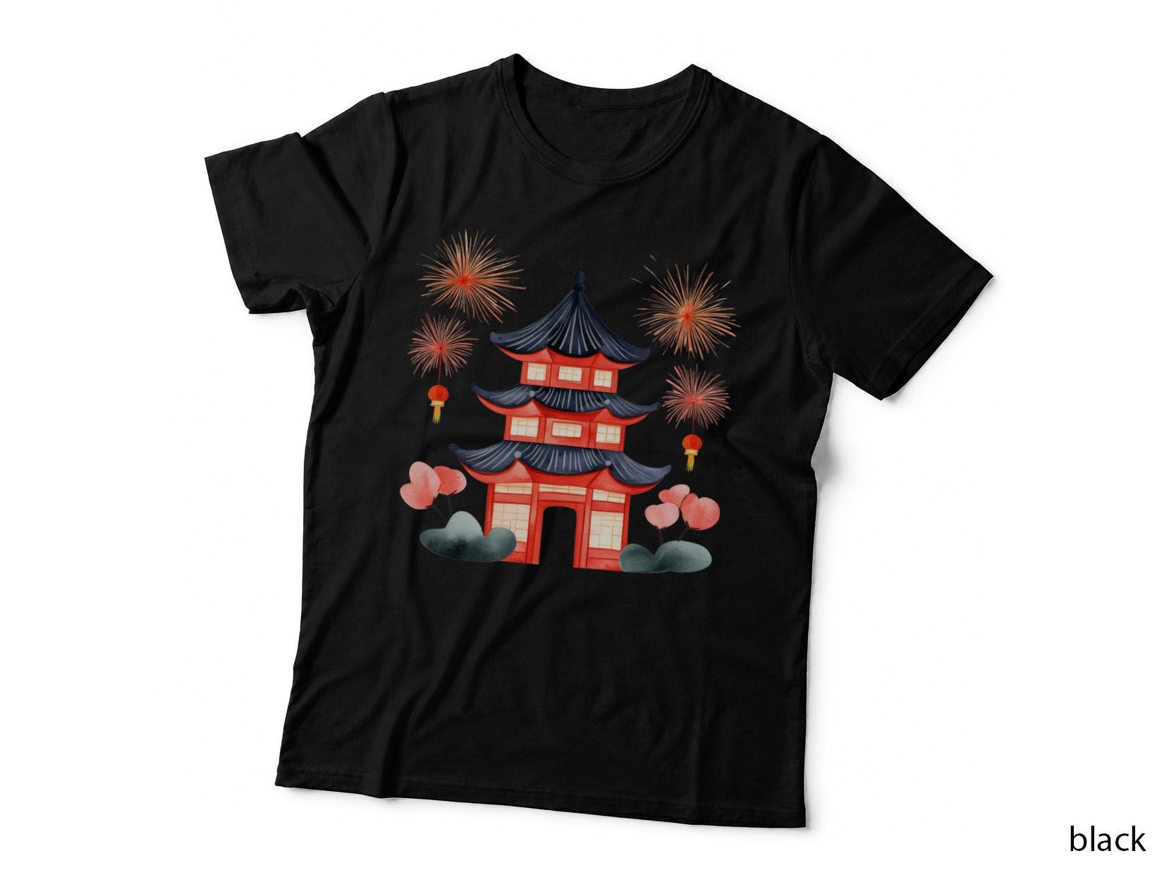 Traditional Chinese Pagoda with Fireworks Lunar New Year T-Shirt