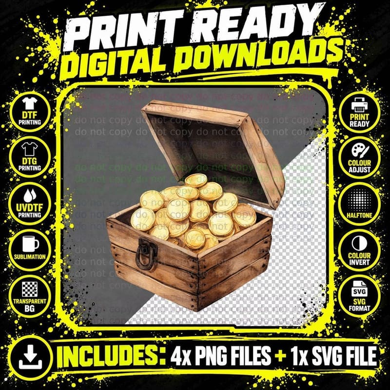 Treasure Chest Filled with Gold Coins Lunar New Year Png SVG Digital Bundle