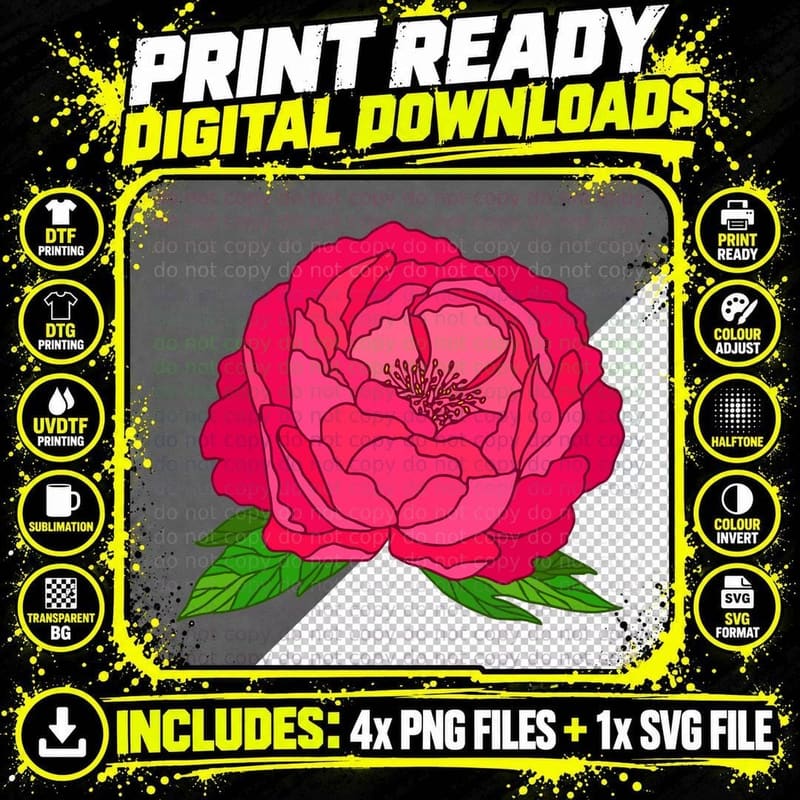 Vibrant Pink Rose with Green Leaves Lunar New Year Png SVG Digital Bundle