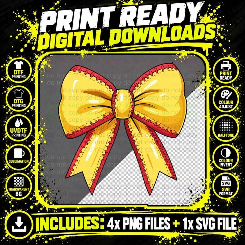 Yellow Bow on Gray Background Softball Design T-Shirt Png SVG Digital Bundle