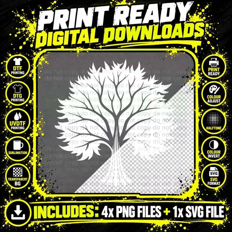 Black Tree Silhouette on Gray Background Tree Art Png SVG Digital Bundle