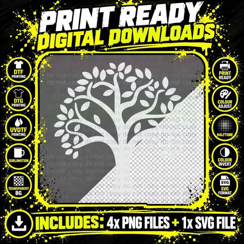 Black Tree Silhouette on Gray Background Tree Design Png SVG Digital Bundle