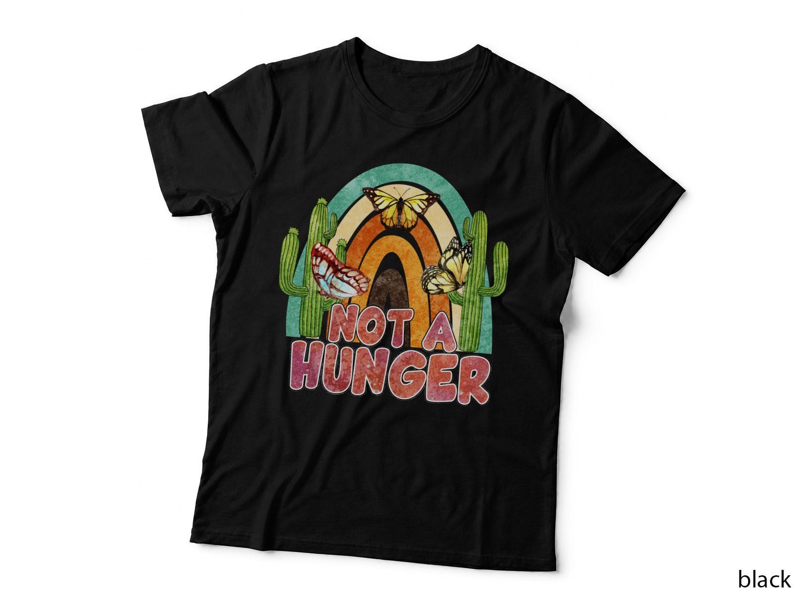 Not a Hunger Toddler Kids T-Shirt, Butterflies Over Cacti with Rainbow Graphic