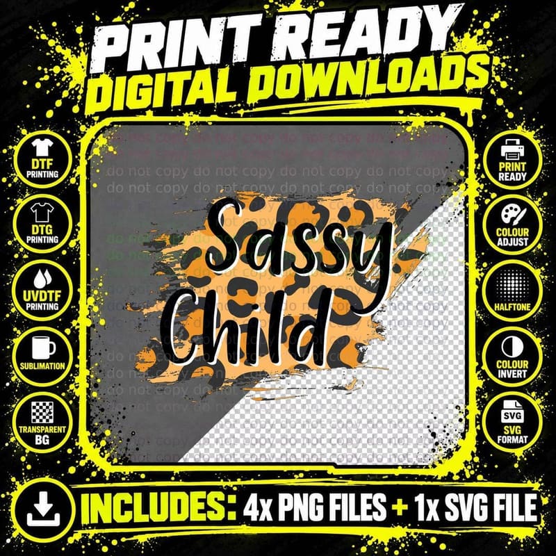 Sassy Child Toddler Kids T-Shirt, Orange Leopard Print Png SVG Digital Bundle