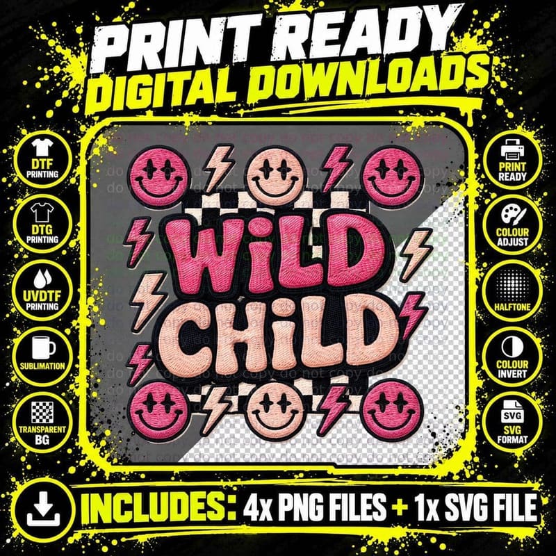 Wild Child Toddler Kids T-Shirt, Smiley Faces with Png SVG Digital Bundle