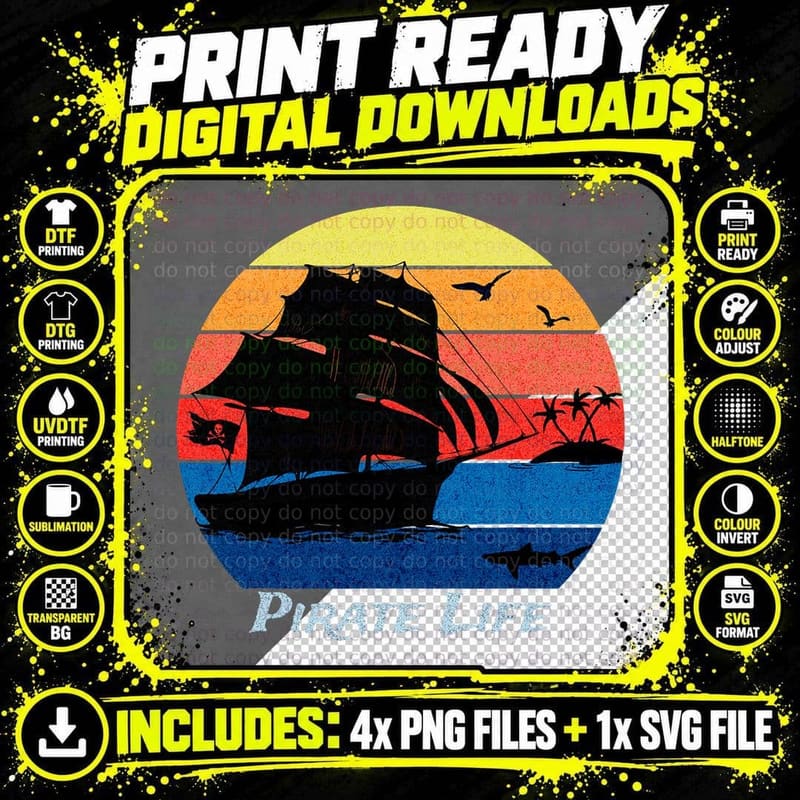 Arrgh Pirate Life Pirate Ship and Jolly Roger Flag Png SVG Digital Bundle