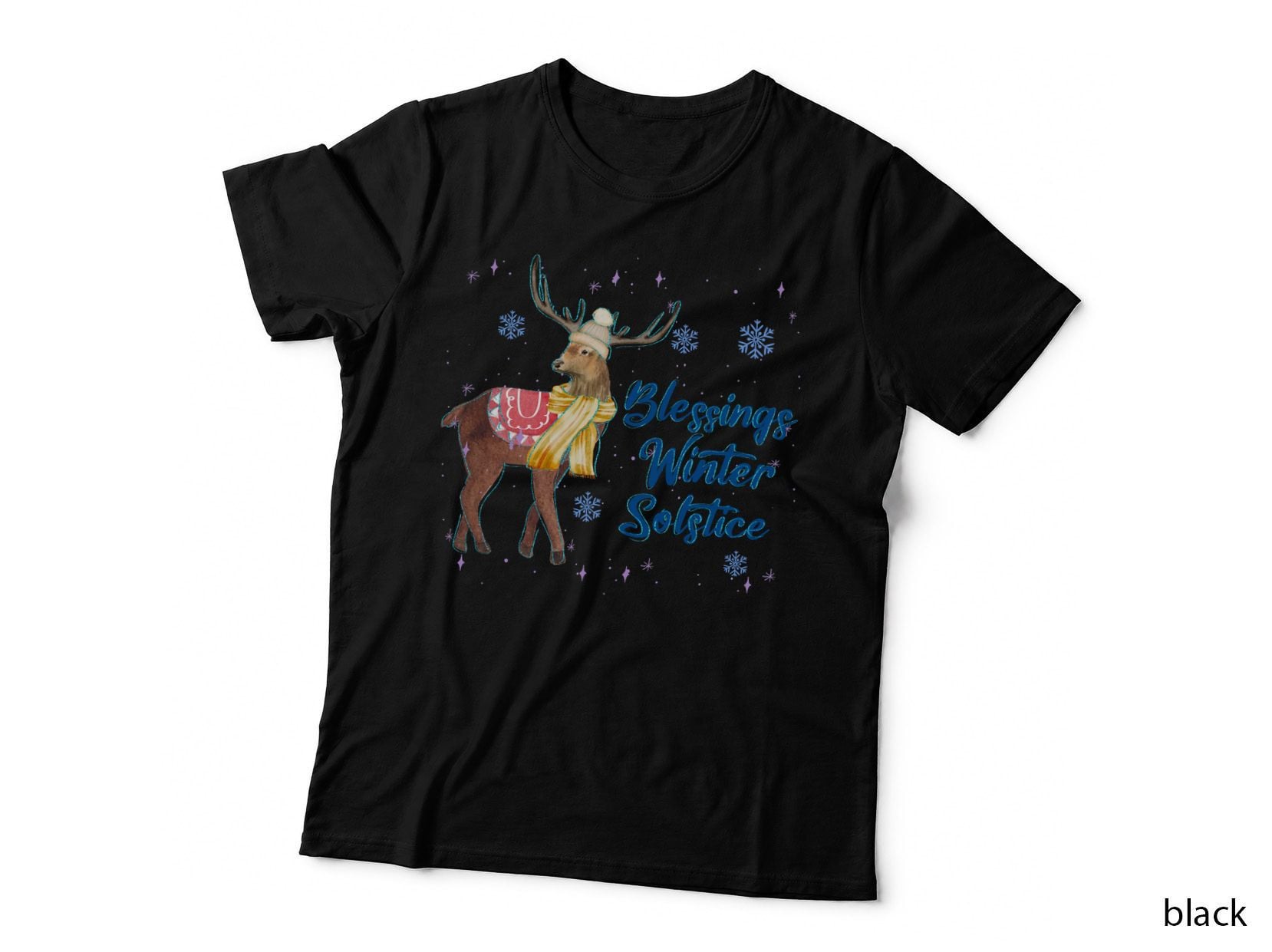 Blessings Winter Solstice Winter T-Shirt, Winter Deer in Scarf and Hat Graphic