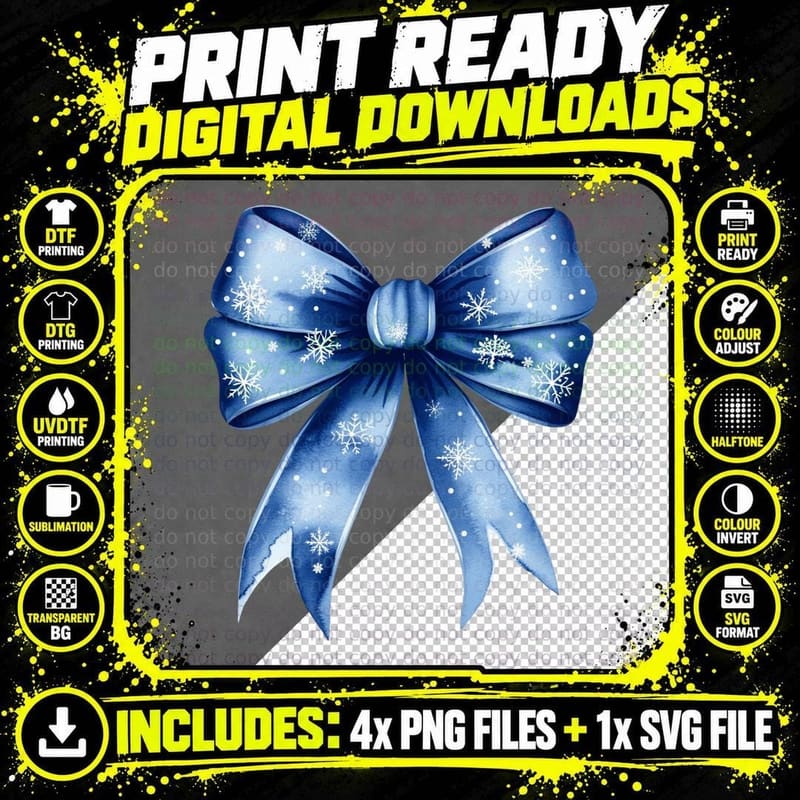 Blue Bow with Snowflakes Winter T-Shirt Png SVG Digital Bundle