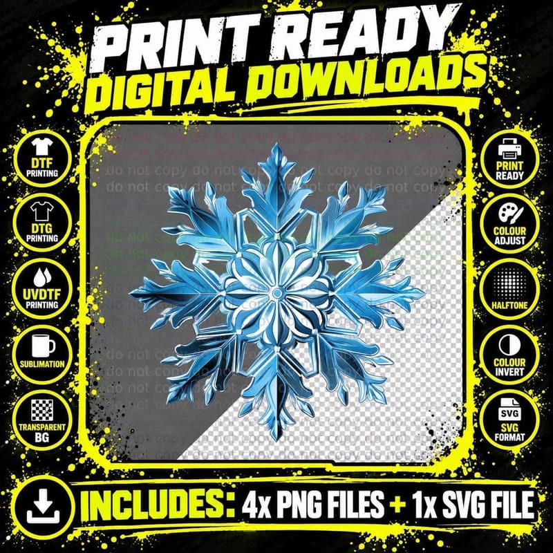 Blue Snowflake on Gray Background Winter Art T-Shirt Png SVG Digital Bundle