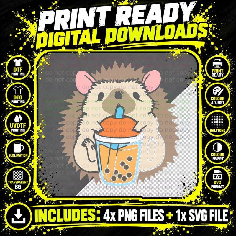 Bubble Milk Tea Hedgehog Cute Hedgehog Drinking Boba Tea Png SVG Digital Bundle